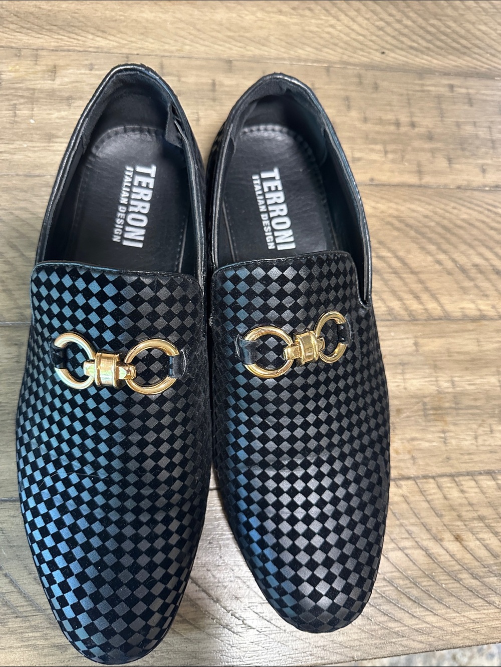 Black Checkered Loafers with Gold Accent